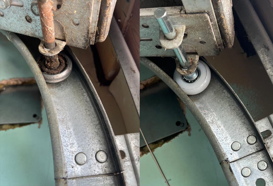 Garage door roller shown worn before and clean after maintenance.