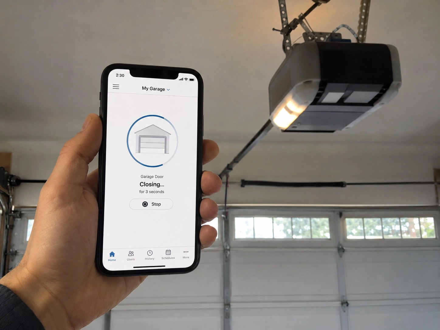 Smartphone app controlling a WiFi connected garage door opener.